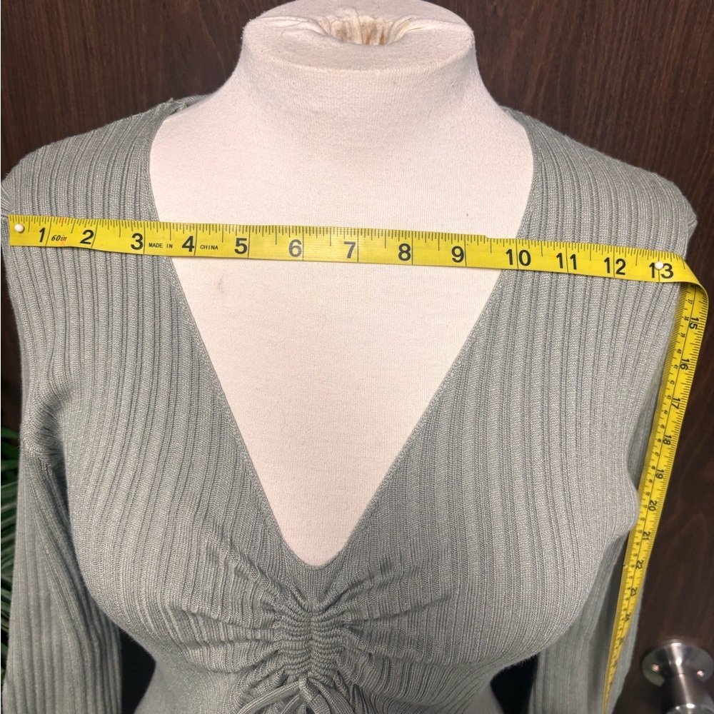Deep Self Olive Ribbed Ruched Tie Front Midi Sweater Dress - Picture 6 of 13